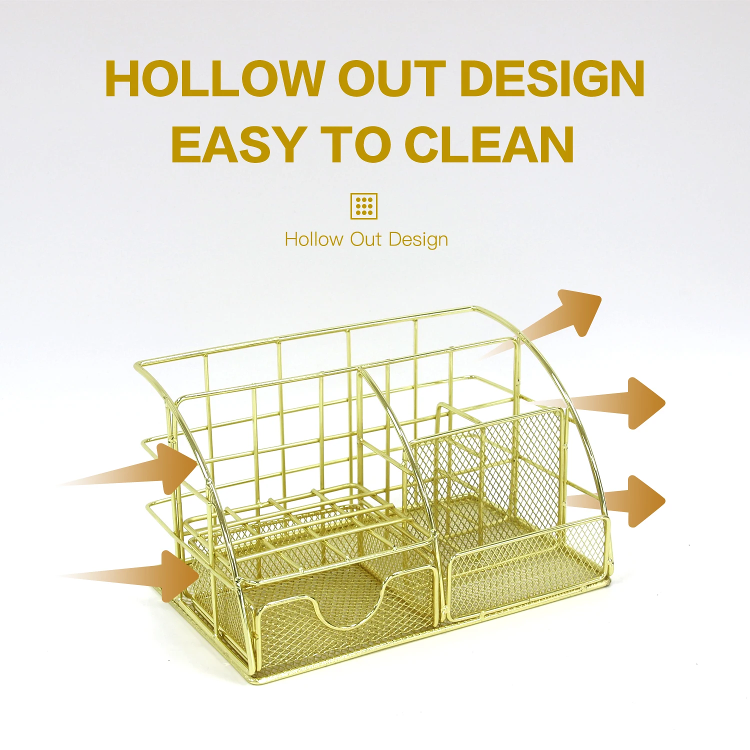 منظم سطح المكتب المعدني الذهبي، شريط ملفات متعدد الوظائف، رف تخزين اللوازم المكتبية، حامل القرطاسية ومستحضرات التجميل، مدمج F