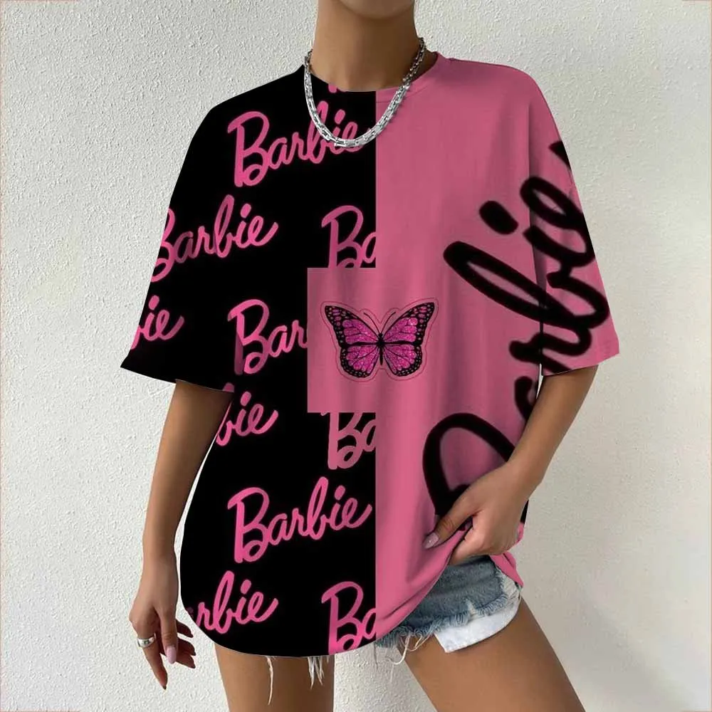 

Barbie Logo And Leopard Print Women's Pink And Black T-shirt - Casual And Playful Style Summer Round Neck Short Sleeve