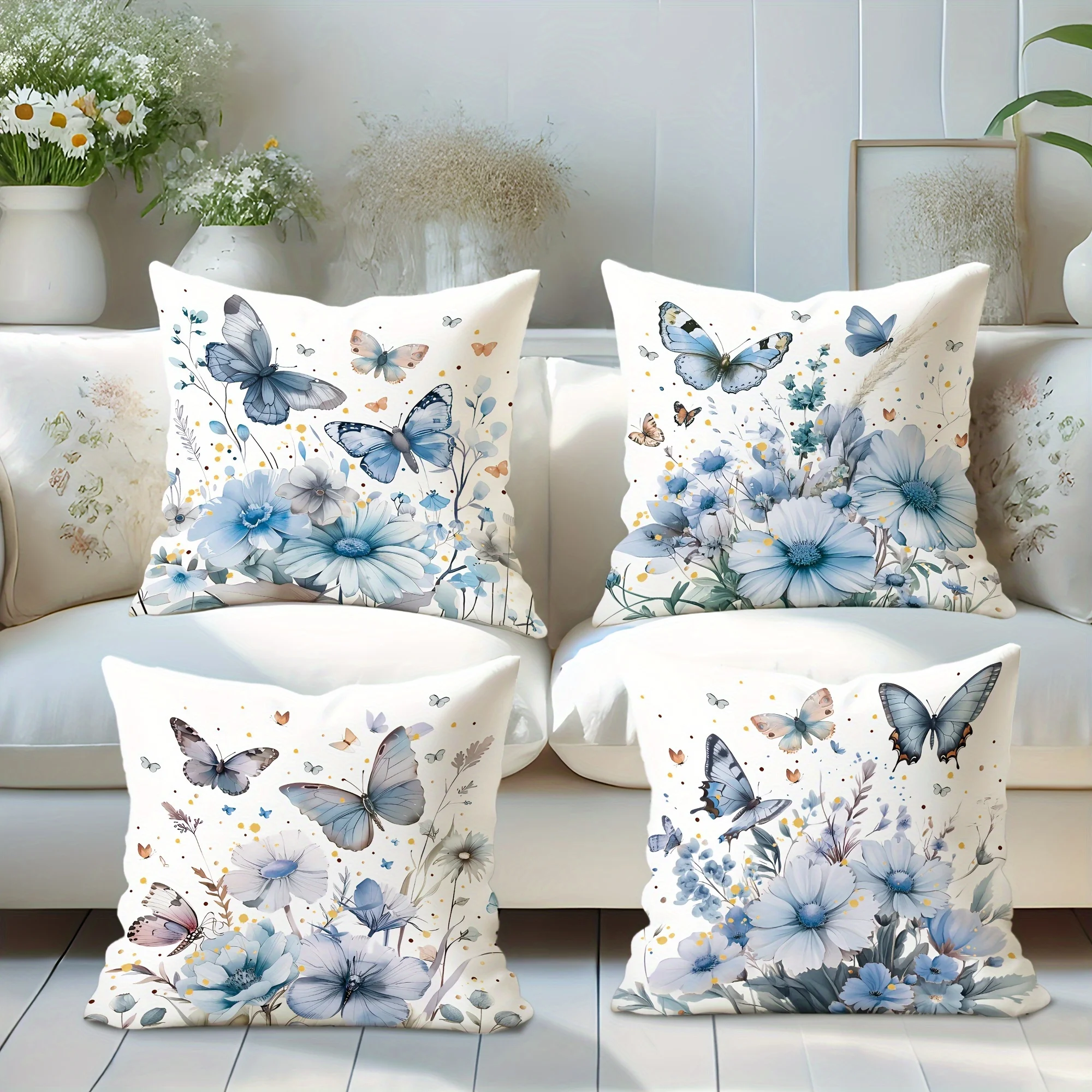 4 fundas  almohada  terciopelo con estampado floral azul y blanco - Estilo contemporáneo campestre, acuadas para sofá, cam
