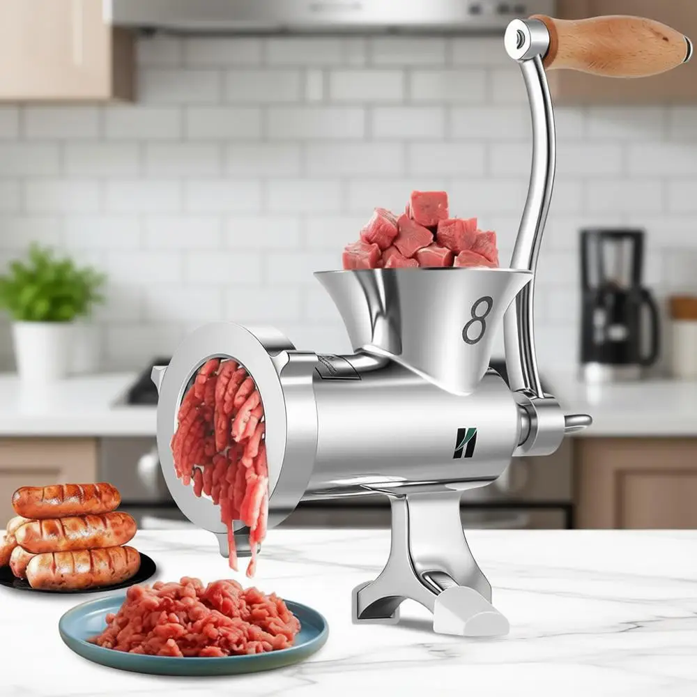 

Ручная мясорубка из нержавеющей стали для интенсивного использования с насадками для колбас, настольным креплением для домашнего использования, подходит для курицы и мелких костей