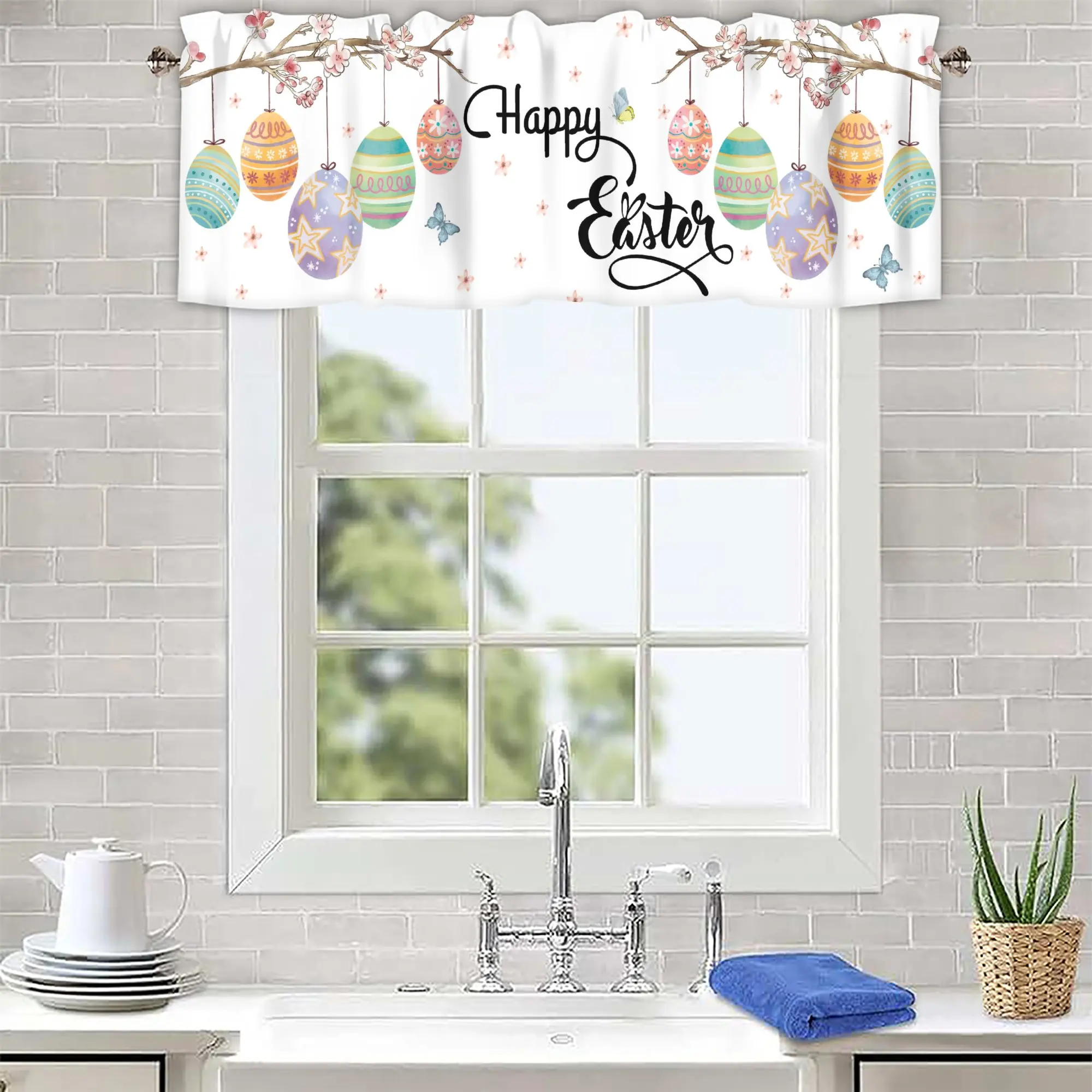 Easter Curtain Valance for Windows Rod Pocket Valance Window Peach Blossom Colored Egg Short Curtains Kitchen  Window Decor