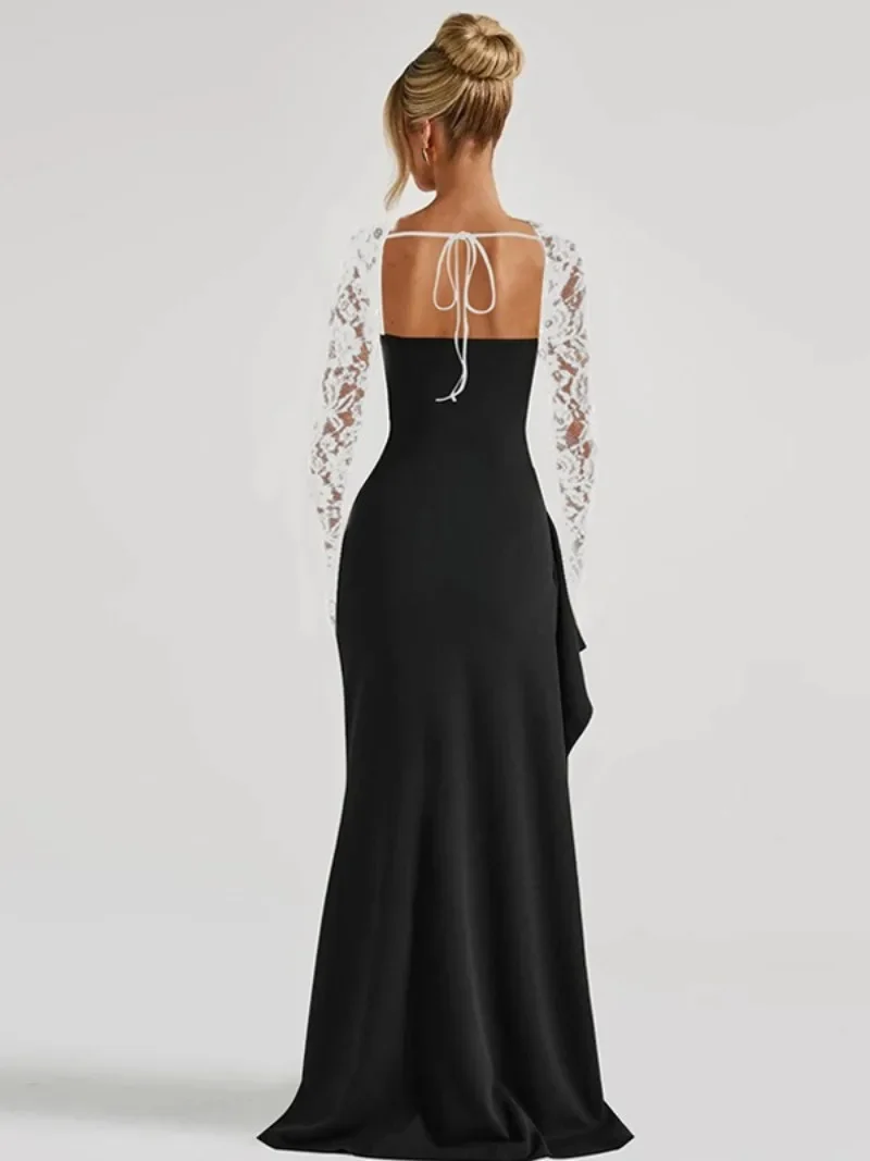 Abito da sera elegante patchwork in pizzo con colletto quadrato Tuniche sexy a vita alta senza schienale da donna Abiti da festa lunghi divisi Abito formale