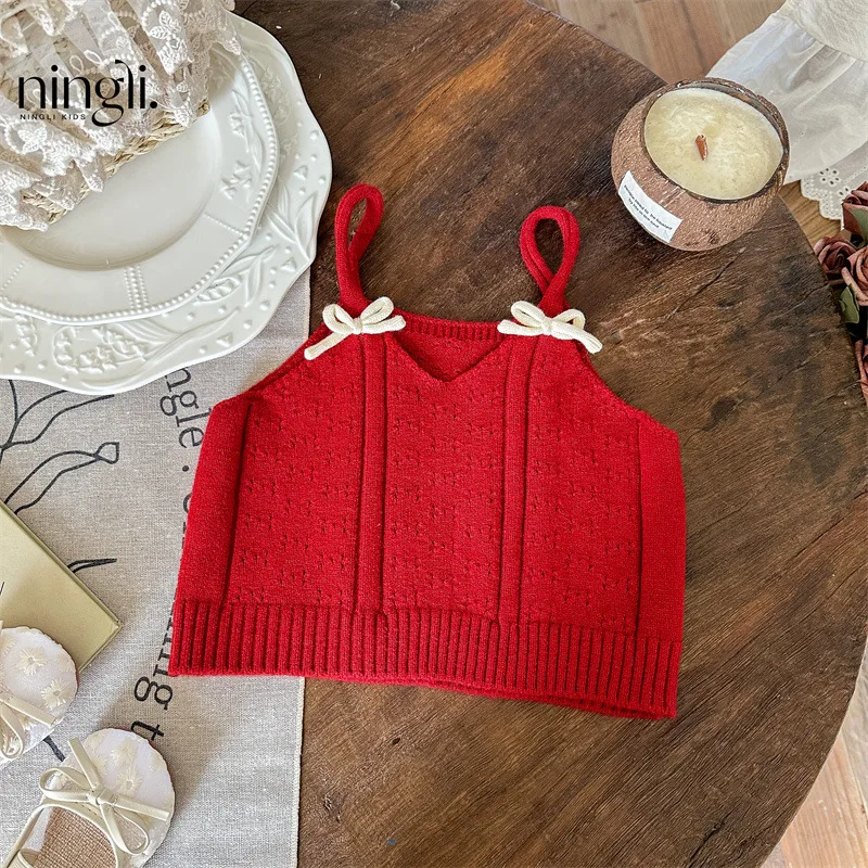 

Girls' Summer Sweet Cute Knitted Strap Baby Floral Lace Curtain Casual Pants Korean Style Two-Piece Set