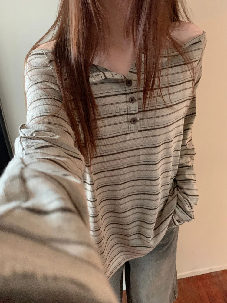 Autunno moda coreana top sottili donna vestibilità ampia manica lunga bottone colletto obliquo strisce casual retrò elegante camicetta pullover