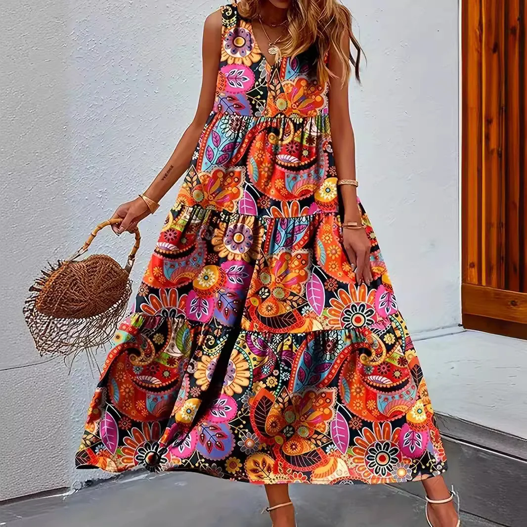Sister Star Summer Loose Fashion Casual floreale con scollo a V canottiera Swing Dress Abiti da vacanza per pendolari con temperamento all'ingrosso