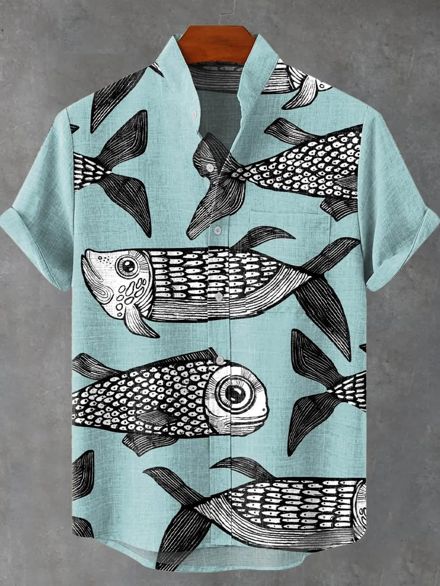 Summer hot selling new gradient fish decoration pattern printed casual and fashionable short sleeved shirt top