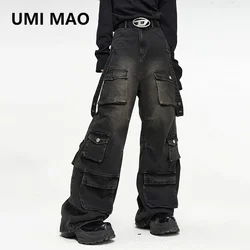 UMI MAO Wide Leg Denim Men's 2024 Summer American High Street Multi Pocket Jeans Loose Hip Hop Straight Handsome Pants