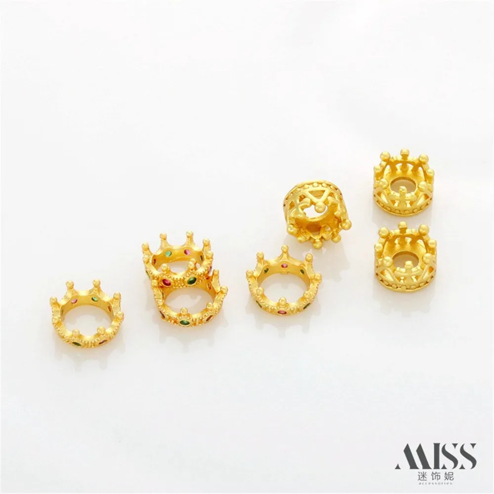 

18K Gold Matte Gold Inlaid with Colored Zircon Crown, Large Hole Separated Bead Running Ring DIY Bracelet, Necklace Accessories
