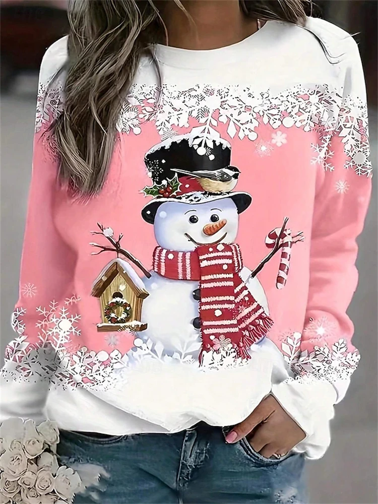 Autumn And Winter New Long-sleeved Loose Hoodie 3D Snowflake Elf Print Top Women\'s Crewneck Sweatshirt Christmas Clothing Hoodie