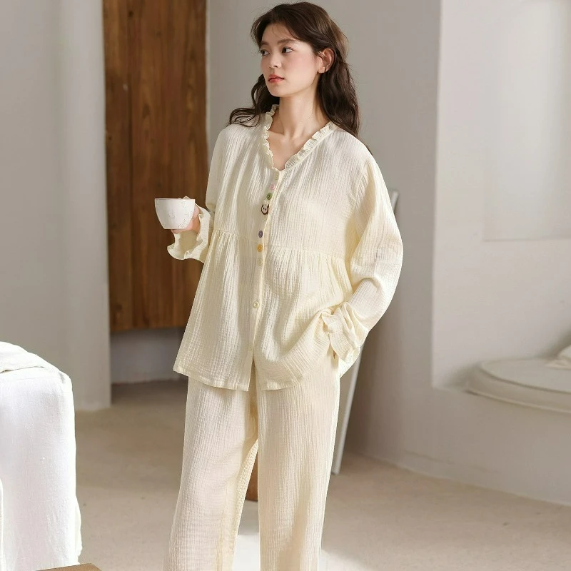 

2PCS Set Women Fashion Long-Sleeved Comfortable Embroidery Cute Soft Women's Pajamas Set Casual Korean New Homewear