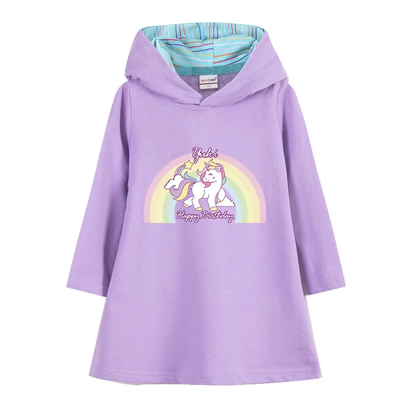 

New Girls Dress Cotton Unicorn Rainbow Autumn Fashion Clothing for Children Cartoon Pink Long Sleeve Kids Clothes Hooded 2-8Y