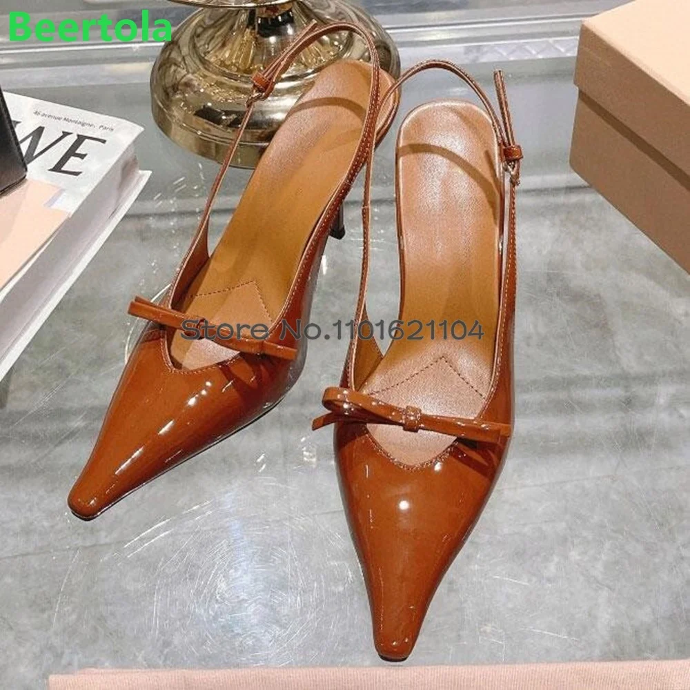 Butterfly-knot Pointed Toe Pumps For Female Women 2024 Slingback Shallow Solid Luxury Design Buckle Strap Elegant High Heels