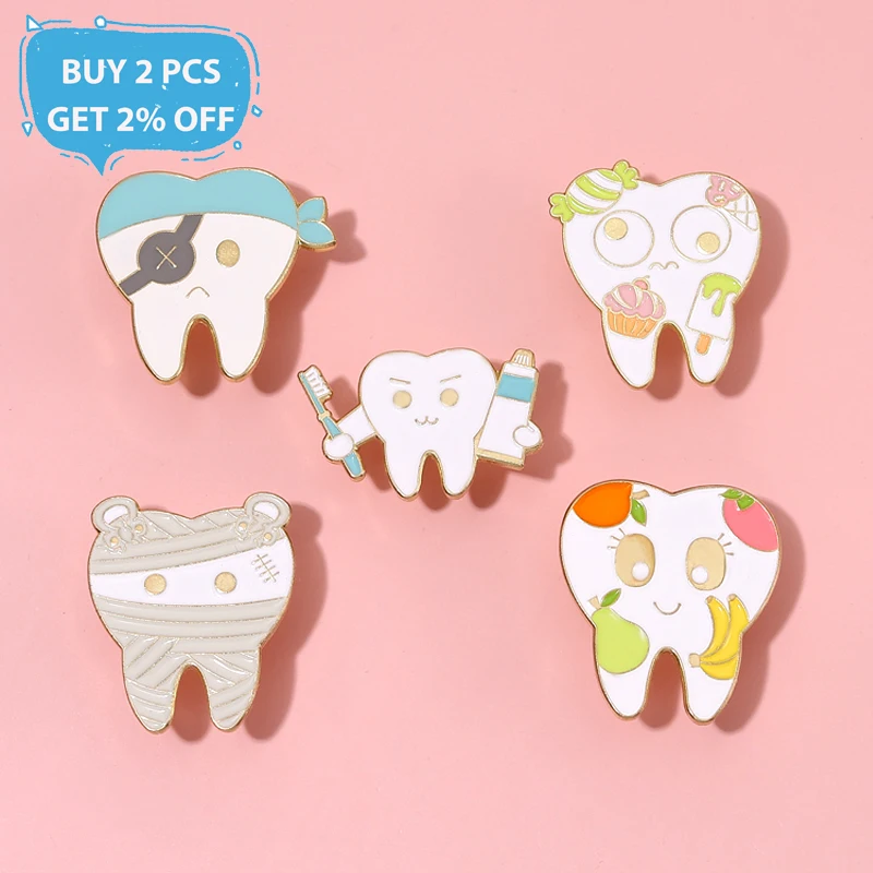 Healthy Teeth Enamel Pins Fruit Tooth Guards Against Sweet Decayed Teeth Brooches On Backpack Gift For Friend Dentist Jewely