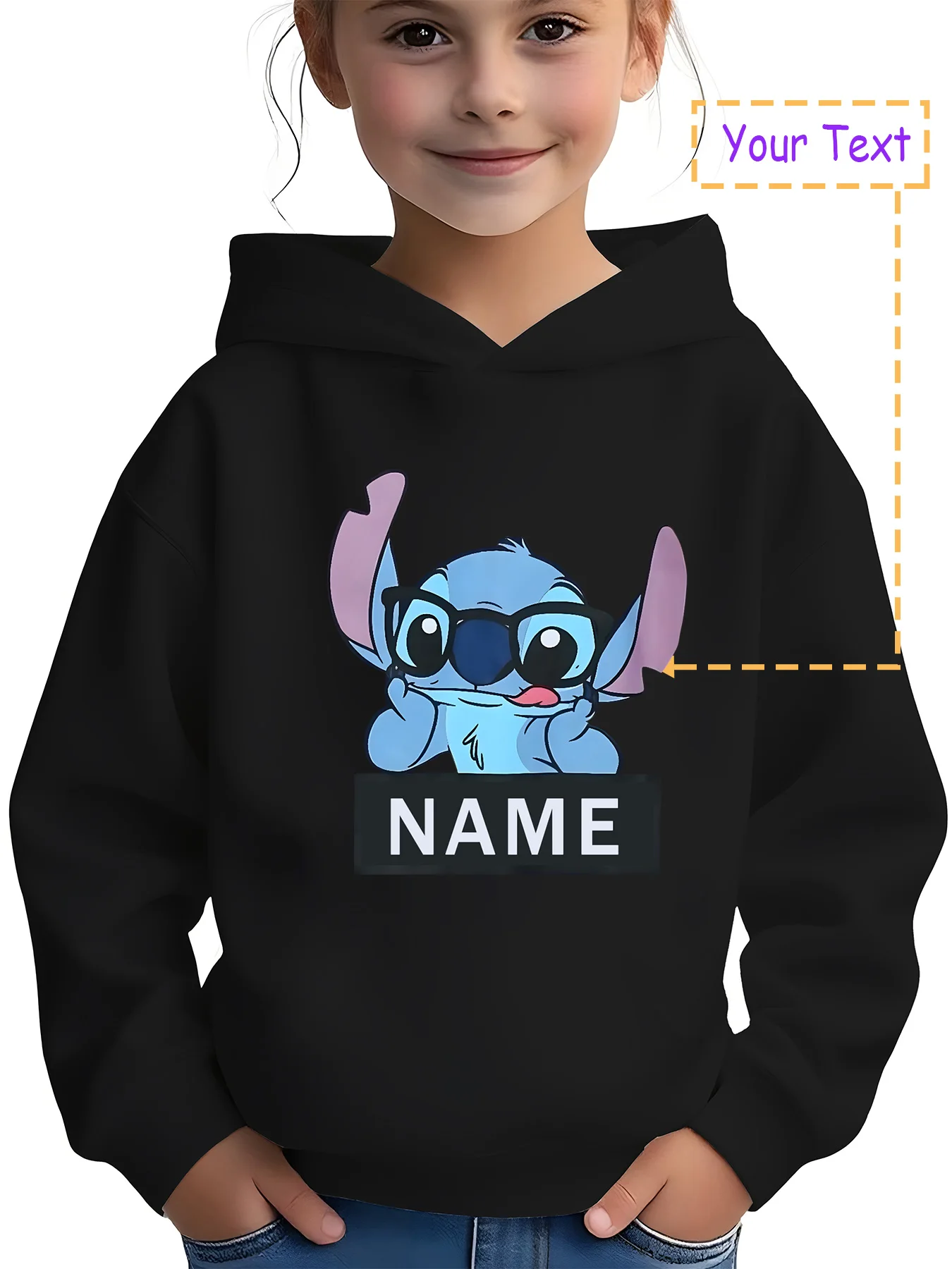 

MINISO Funny Stitch children's hoodie - Cute Stitch with glasses, fun and funny style, perfect for campus life and leisure play,