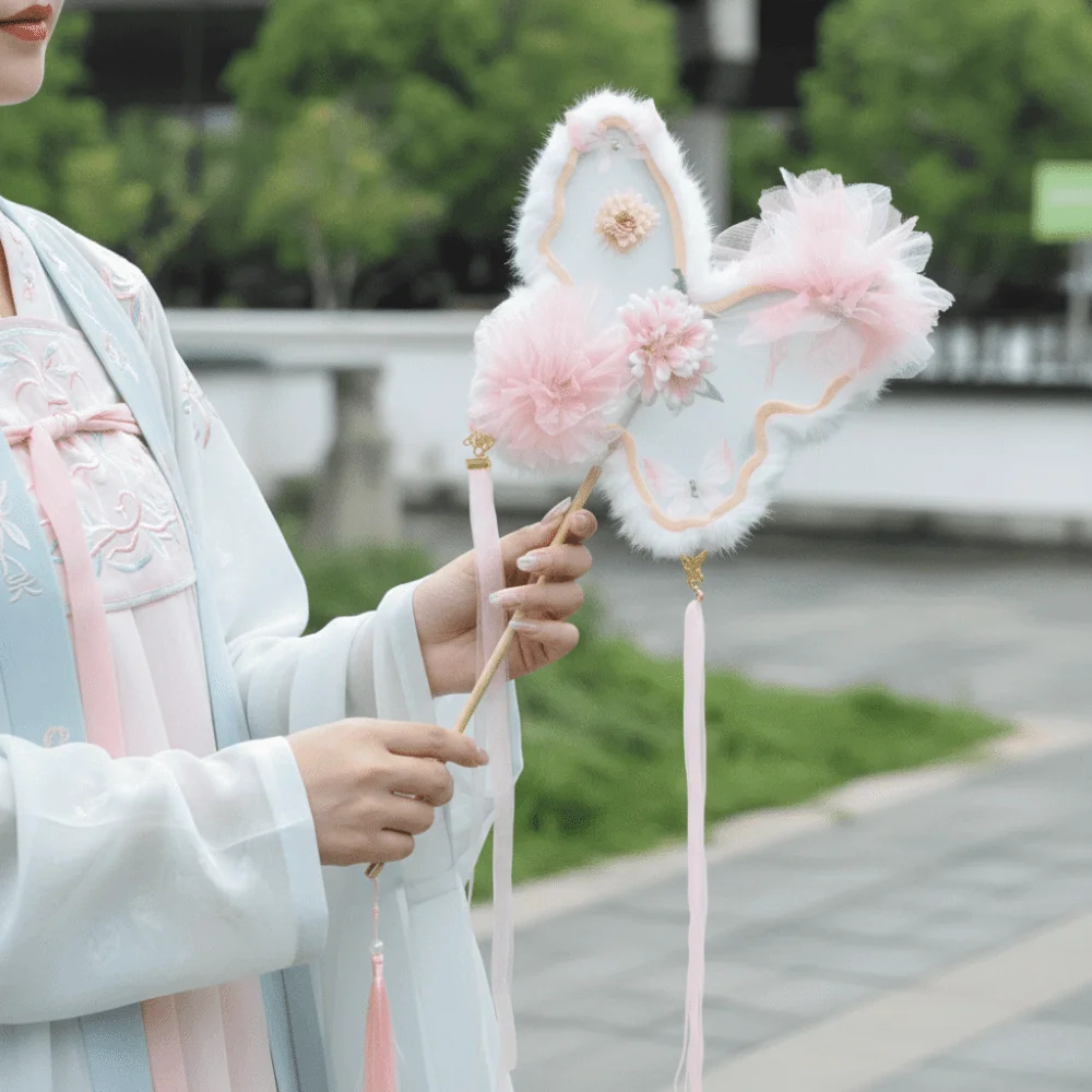 Elegant Fluffy Butterfly Handheld Fan Chinese Style Ancient Silk Flower Fan Handmade with Tassel Fairy Fan Dance Performance