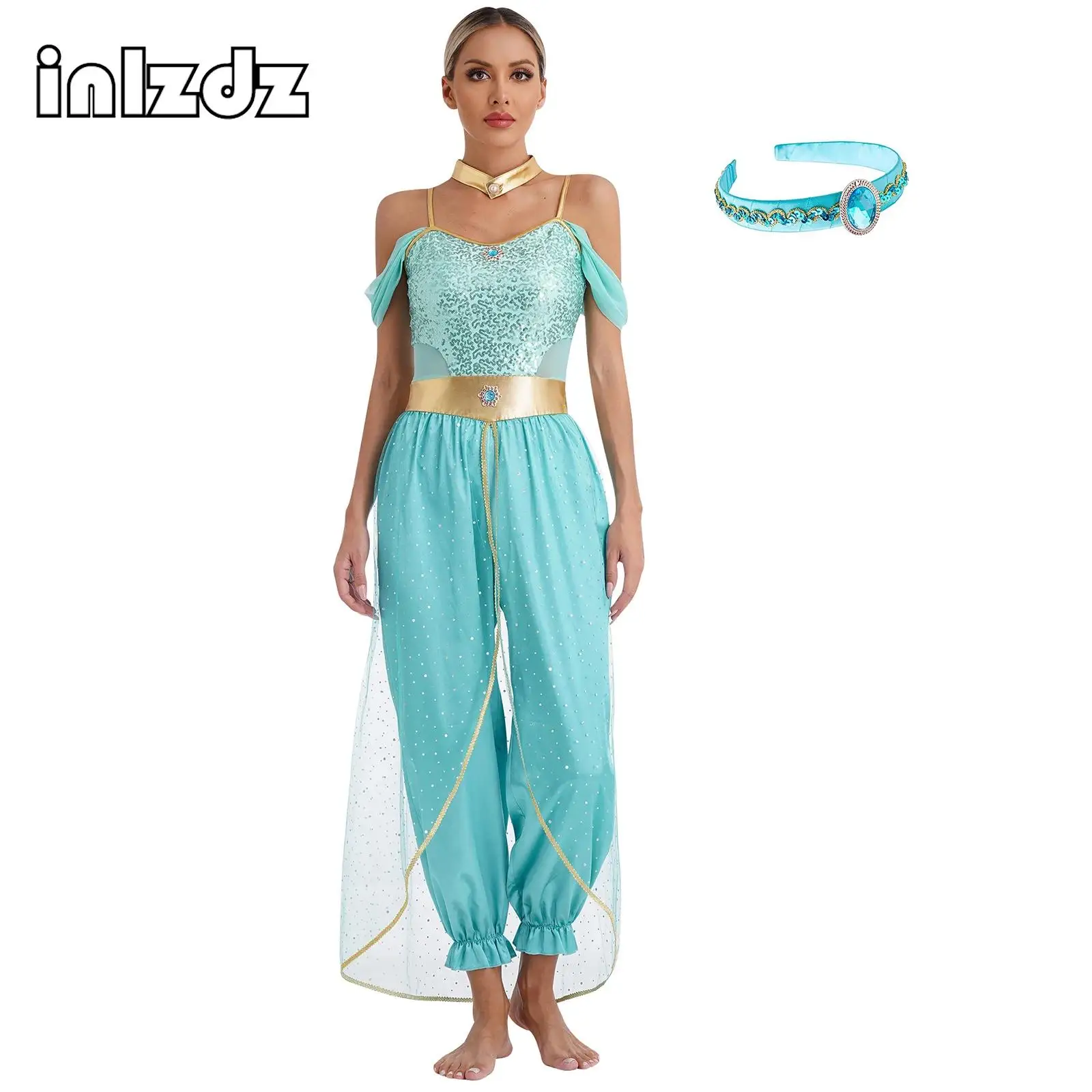 

Womens Belly Dance Costume Halloween Carnival Arabian Princess Cospaly Jumpsuit Indian Gems Sequin Rompers Costumes Outfits