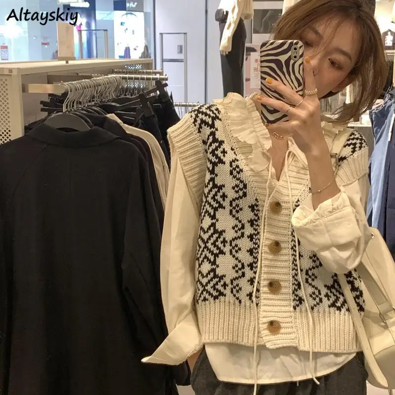 Sweater Vest Women Spring Autumn Fashion All-match Single Breasted Lace-up V-neck Office Lady Korean Style Shirring Loose