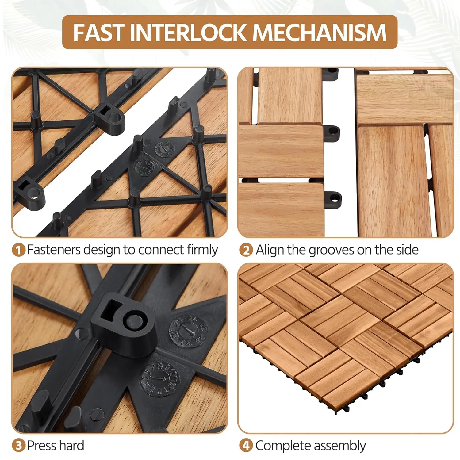 

54pcs Hardwood Interlocking Patio Deck Tiles Acacia Waterproof Wood Flooring Tiles for Patio Garden Poolside, 12'' x12''