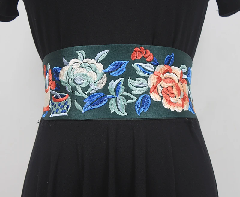 

Women's Runway Fashion Flower Embroidery Satin Cummerbunds Female Dress Corsets Waistband Belts Decoration Wide Belt R1054