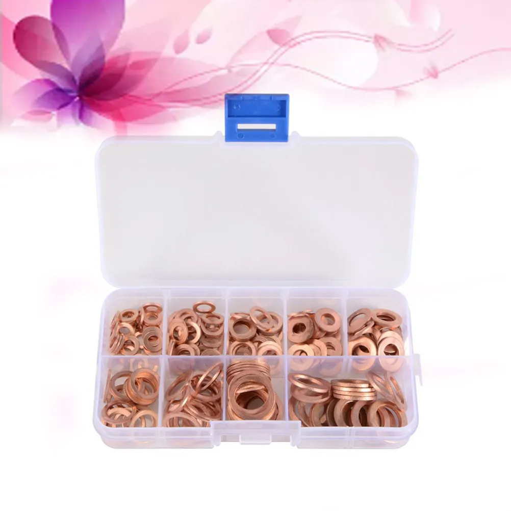 200Pcs Copper Sealing Ring Set Flat Washers Solid Sump Plugs Fuel Water Hydraulic Fittings Assortment Compact Storage Case