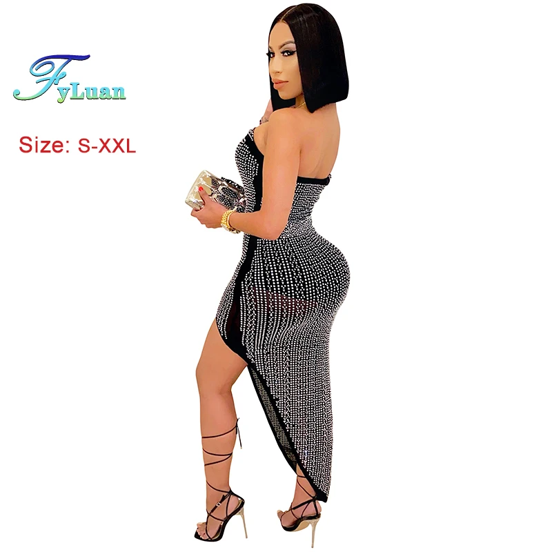 2023 neue Sexy V-ausschnitt Kleider für Frauen Tank Rüschen Neue Im Sommer Kleidung Patchwork Sexy Party Strass Sheer Mesh Party kleid