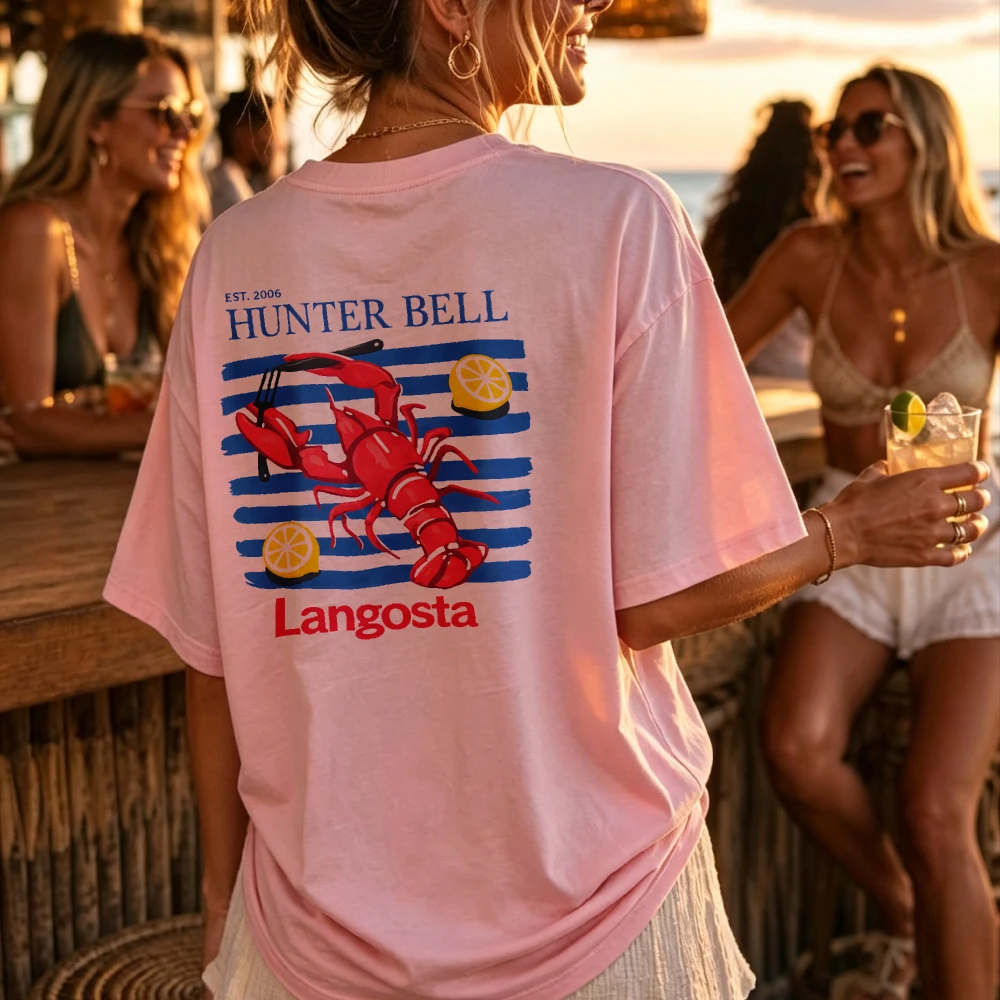 Oversized Crew Neck Short Sleeve Lobster Print Lemon Striped Casual T Shirt For Men Women Summer Beach Top