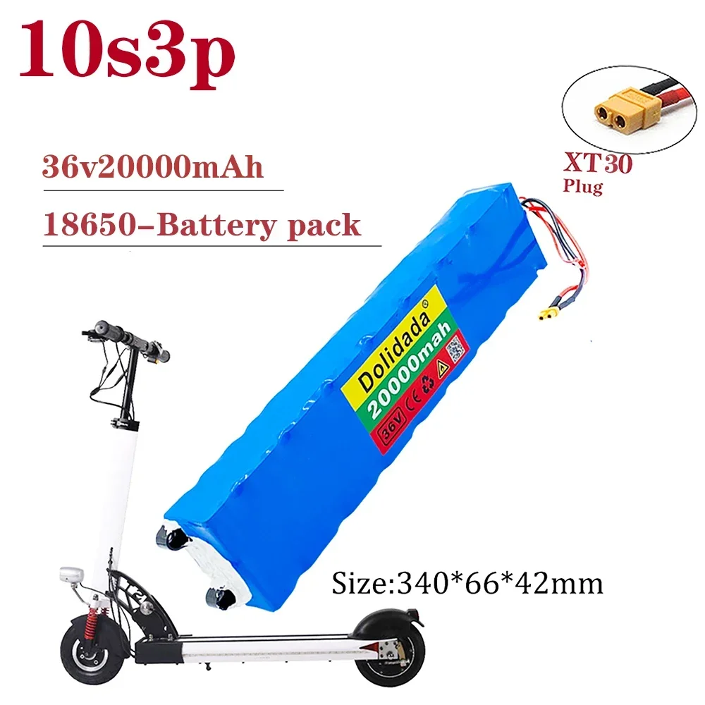 36V 20Ah 18650 Rechargeable Lithium Battery Pack 10S3P 500W High Power for Modified Bikes Scooter Electric Vehicle,With BMS XT30