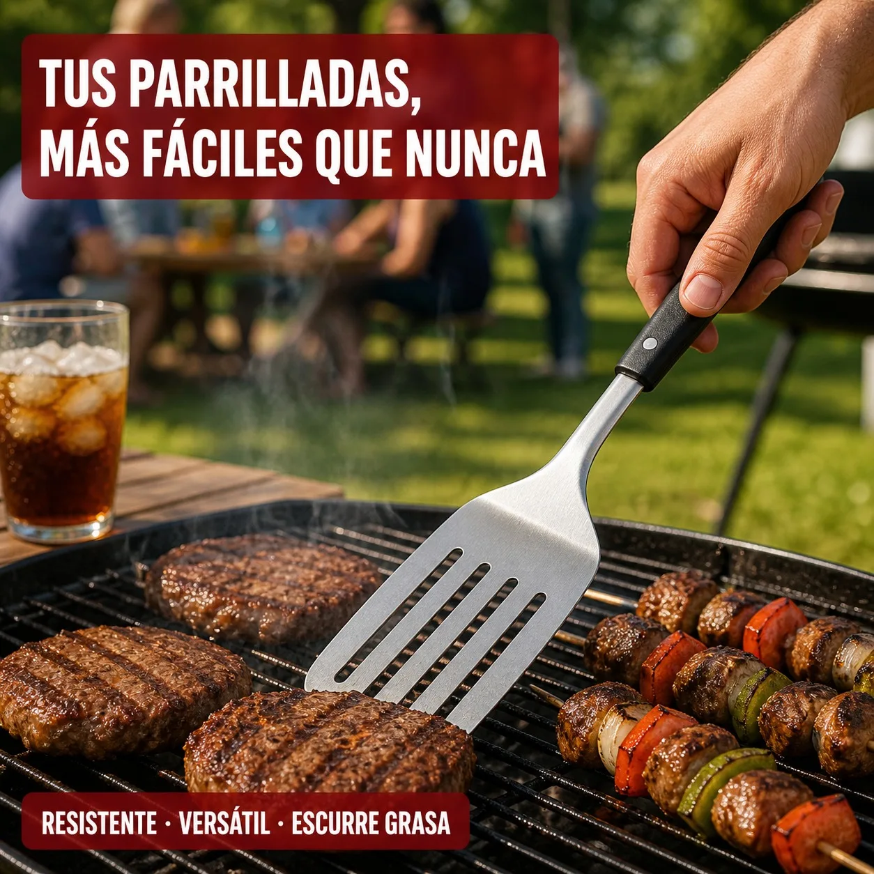 Fotografia 7: Espátula de Cozinha Profissional em Aço Inoxidável 430 com Cabo Ergonômico de PP, Espátula Plana com 5 Ranhuras para Drenar Gordura, Utensílio para Churrasco, Chapa e Frigideira, 34,5x8cm