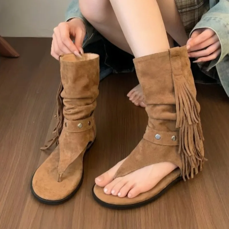 Studed Clip-Toe Block Heel Sandals Women's Square Toe Suede Soft-Sole Non-Slip Tassel Cooling Boots