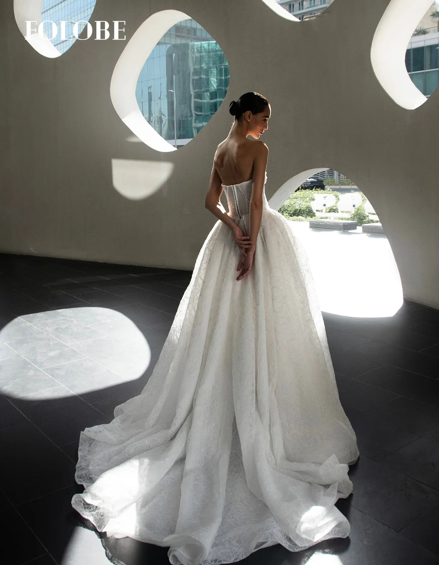 FOLOBE ลูกไม้สีขาว A-Line ชุดราตรีผู้หญิงที่ไม่มีสายหนังไข่มุกงานแต่งงานชุดราตรีชุดพิเศษโอกาสชุดที่กําหนดเอง