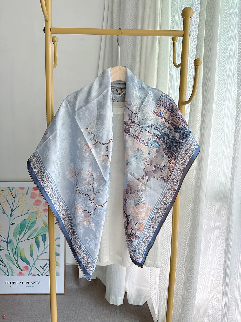 

Шелковый шарф с китайской пейзажной живописью, 100% шелковый шелковый шарф сбоку, элегантный дышащий ветрозащитный роскошный квадратный шарф толщиной 18 мм