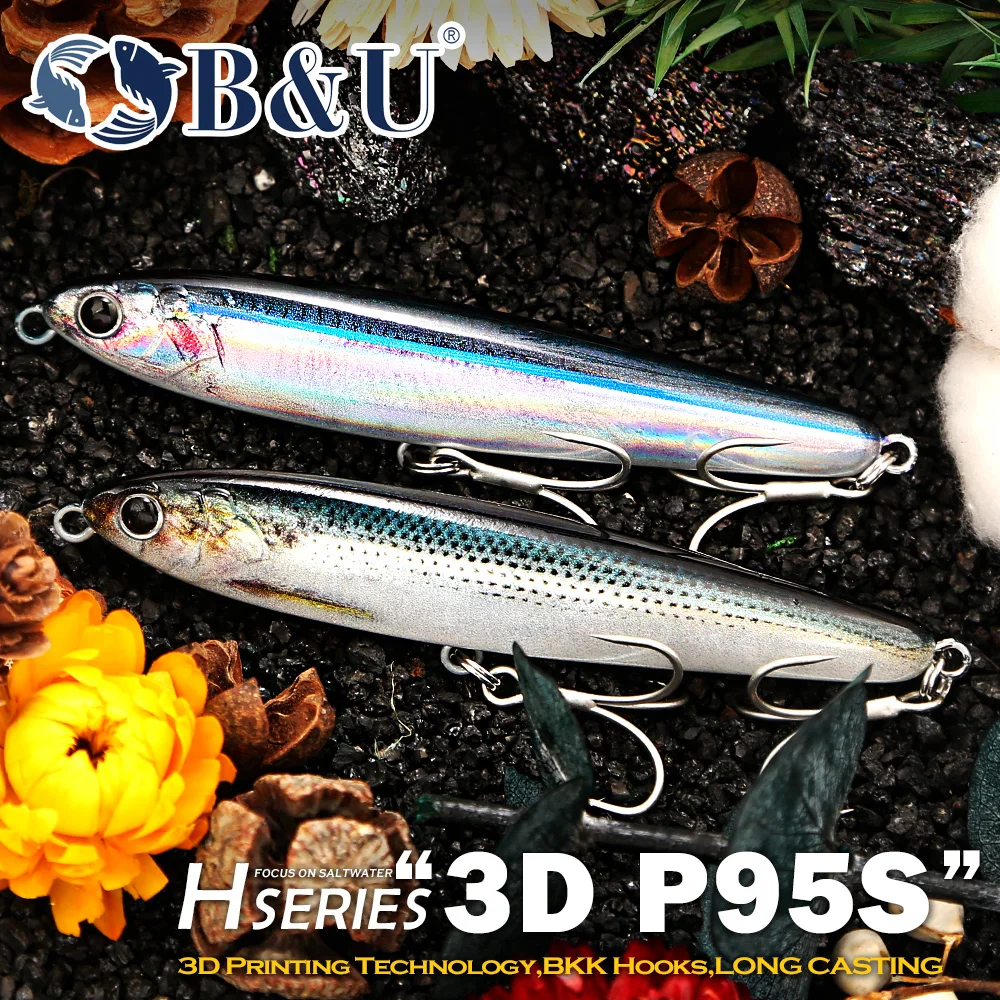 B&U Sinking Pencil Fishing Lure 3D Printed Fast Sinking BKK Treble Hooks Long Cast Twitching Action for Seabass Bluefish