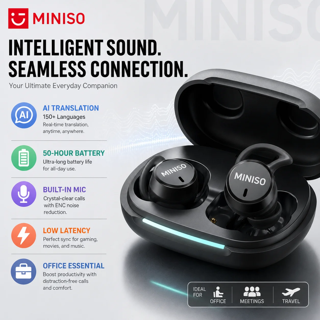 

Noise Reduction Wireless Bluetooth Earphones MINISO MS217 Earbuds 50Hrs Playback Comfortable AI Translation for 150+ Languages
