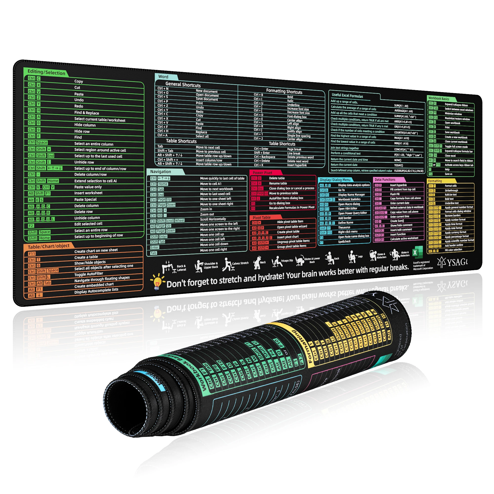 لوحة مكتب Excel Cheat Sheet - لوحة ماوس XL للألعاب |   حصيرة مكتبية للوحة المفاتيح والماوس |   حصيرة الكمبيوتر مع اختصارات اكسيل