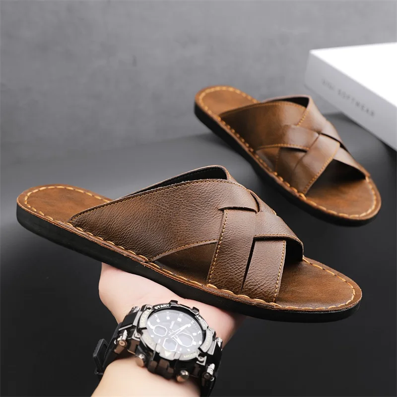 

Genuine Leather Men Slippers Summer Man Casual Shoes Outdoor Breathable Beach Shoes Comfortable Flats Sandals Size 48