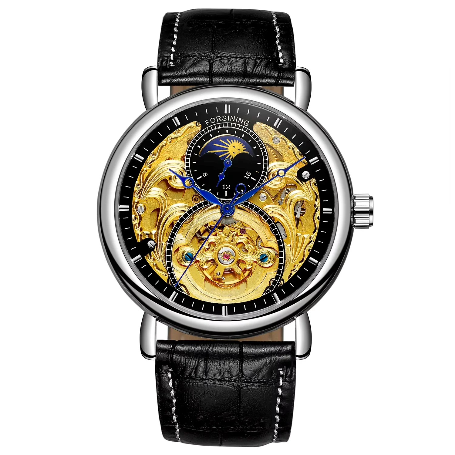 FORSINING Men's and women's watches hollow 8 blue hands mechanical watch Circular belt watch Black watch