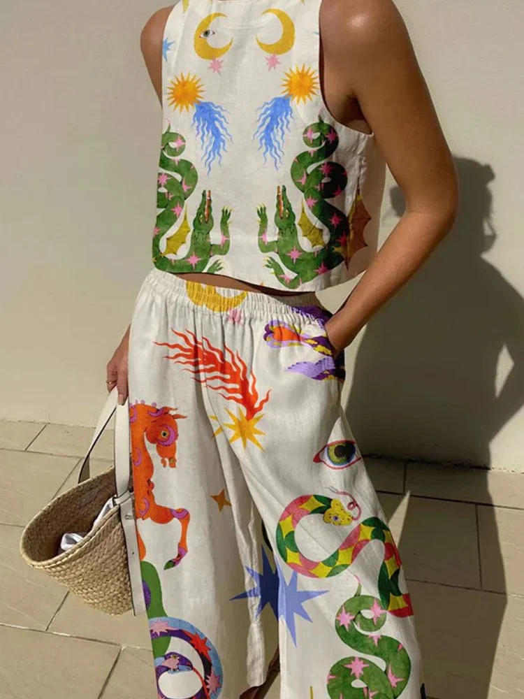 

Printed Women Clothing, Sleeveless Short Top Loose Pants 2-piece Set Spring/summer Hawaiian Beach Casual Set Innovative In 2024