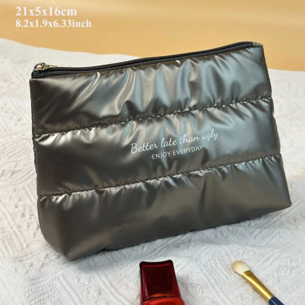 New Shiny Fluffy Makeup Bag Large Capacity Zipper Pouch Toiletries Skincare Storage Bag Quilted Puffer Cosmetic Bag Women