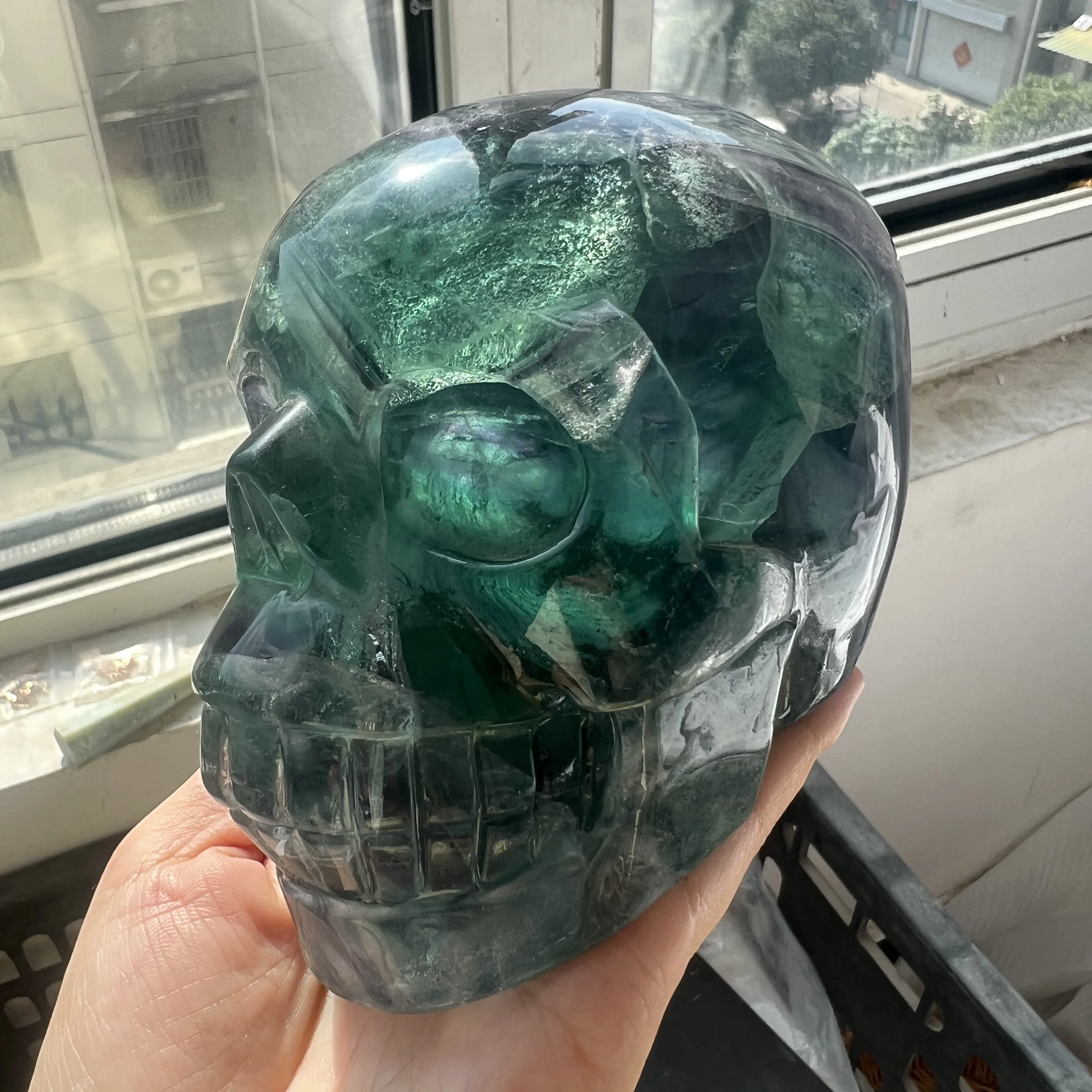 1.5kg Natural Hand Carved Rainbow Fluorite skull Healing Home Decor