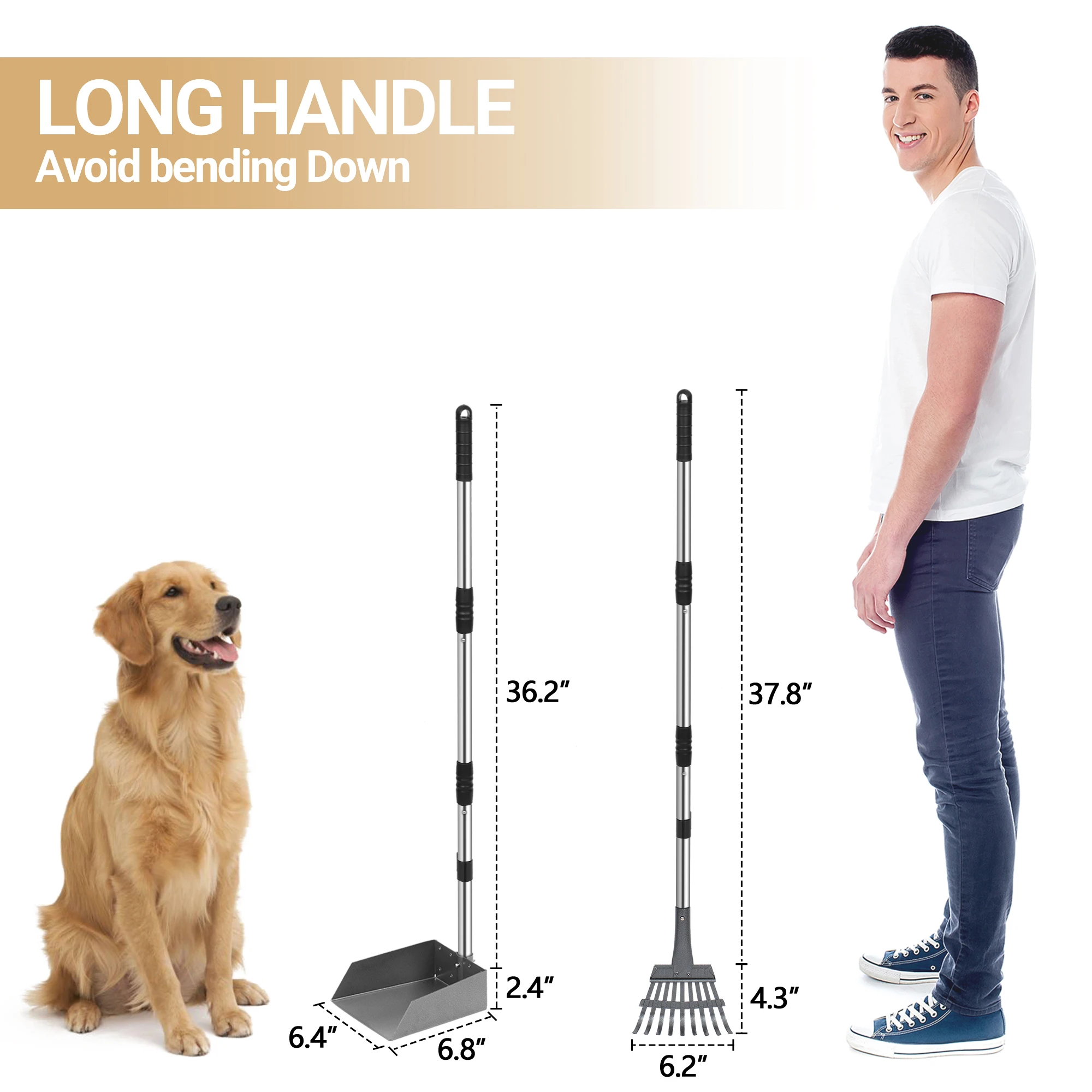 مغرفة Dog Pooper، مجموعة صينية وأنبوب الكلاب، مغرفة إزالة نفايات الحيوانات الأليفة مع مقابض طويلة قابلة للتعديل من الفولاذ المقاوم للصدأ