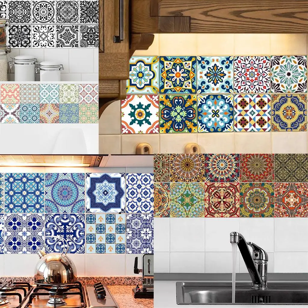 Mosaic PVC Tile Decals Oil Proof Wall Stickers Multicolor Home Art for Kitchen Bathroom Cabinets