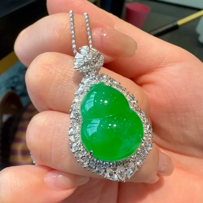 Natural gourd jadeite , Burmese A-grade full , 18k gold inlaid ice green jade pendant