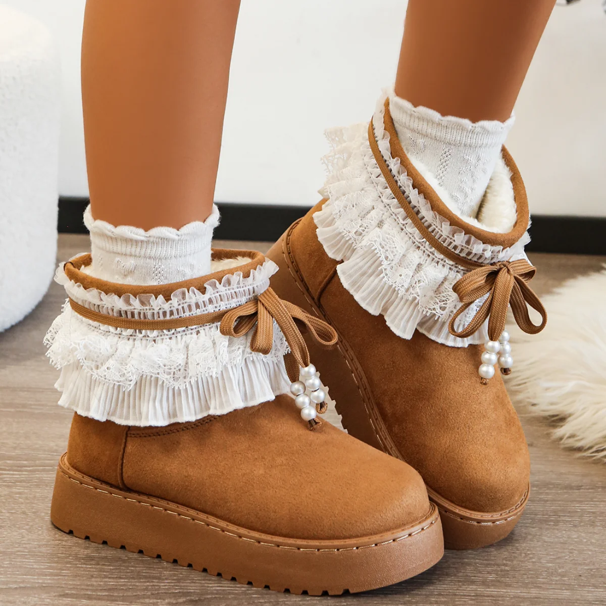 Korean Lace Ruffle Thick Bottom Furry Snow Boots Women Winter Sweet Pearl Plush Warm Ankle Boots Woman Non Slip Platform Booties