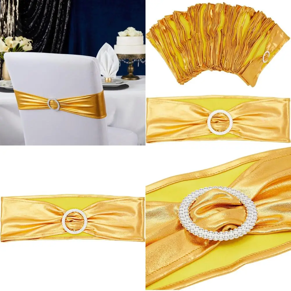 

100-Pack Solid Polyester Chair Sashes - Stretch Fit for 13.5-16.5 Chair Backs, Metallic Gold with Silver Buckle - Perfect for We