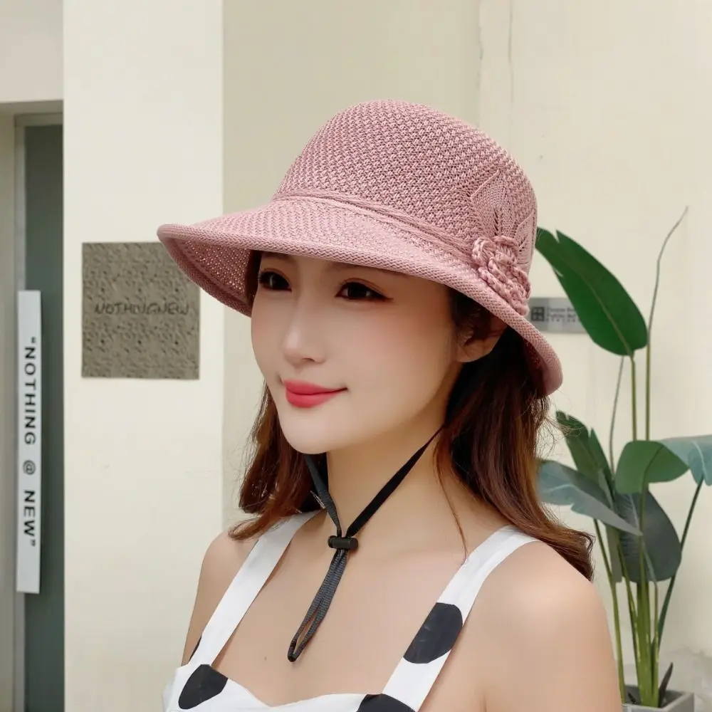 الشمس حماية زهرة اللؤلؤ المنسوجة قبعة طوي تنفس متماسكة قبعة صياد مضفر زهرة مريحة لارتداء نسج قبعة بحافة