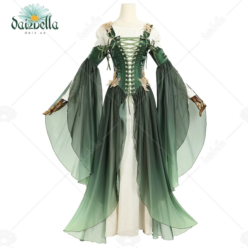 

US Stock DAIZBELLA Women's Medieval Renaissance Costume Elf Style Only Green Dress with Sleeves for Halloween Cosplay Costume