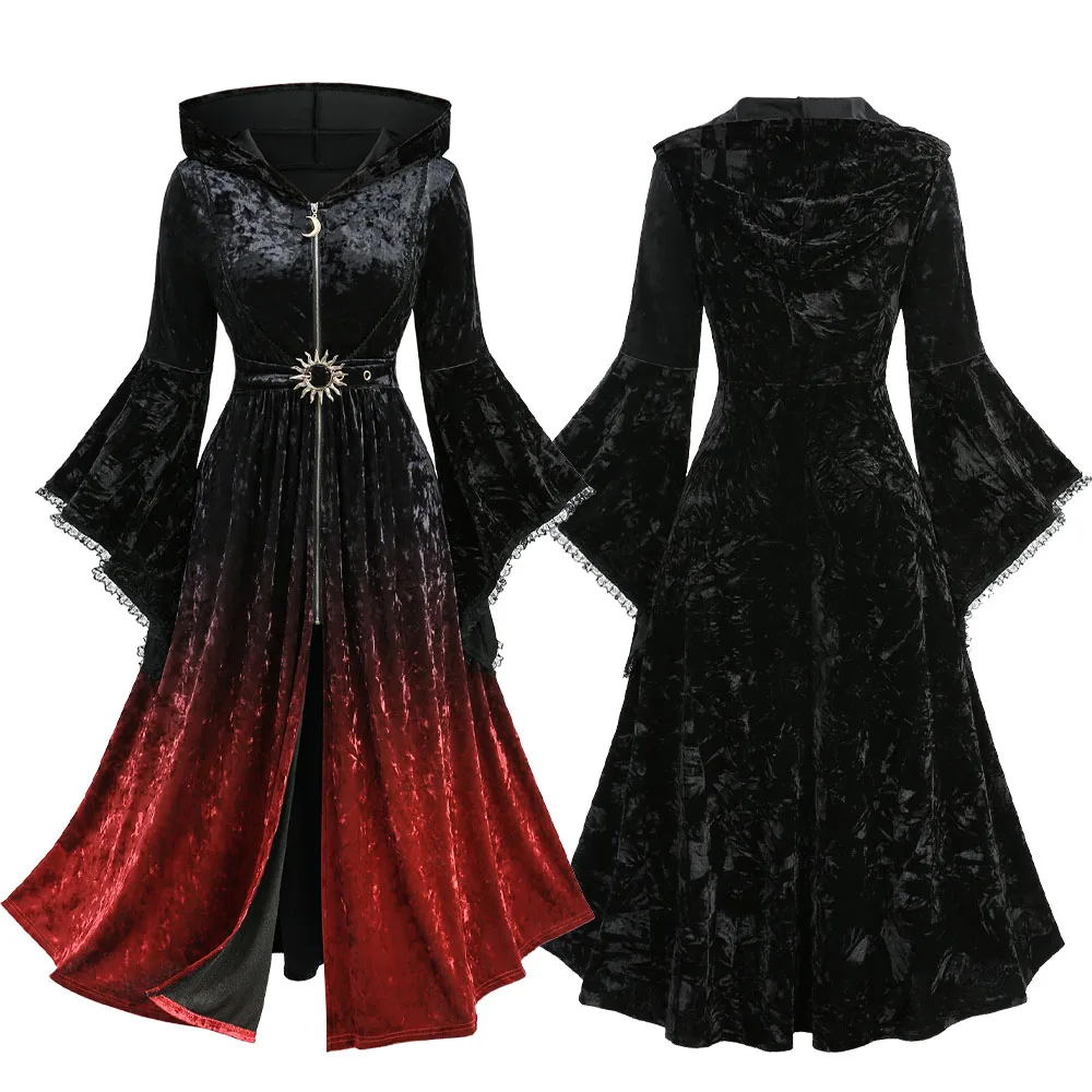 

ROSEGAL Plus Size Hooded Coats Moon Zipper Sun Buckle Lace Trim Flare Sleeves Velvet Longline Coat Women Casual Overcoat Outwear