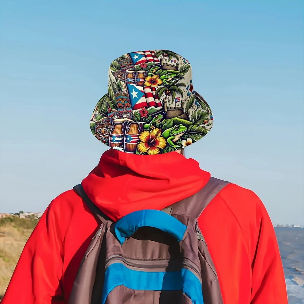 Customization 1pc Puerto Rico, Featuring The Puerto Rican Flag And A Frog Unisex Printed Fisherman Hat, A Trendy Hat With A Play