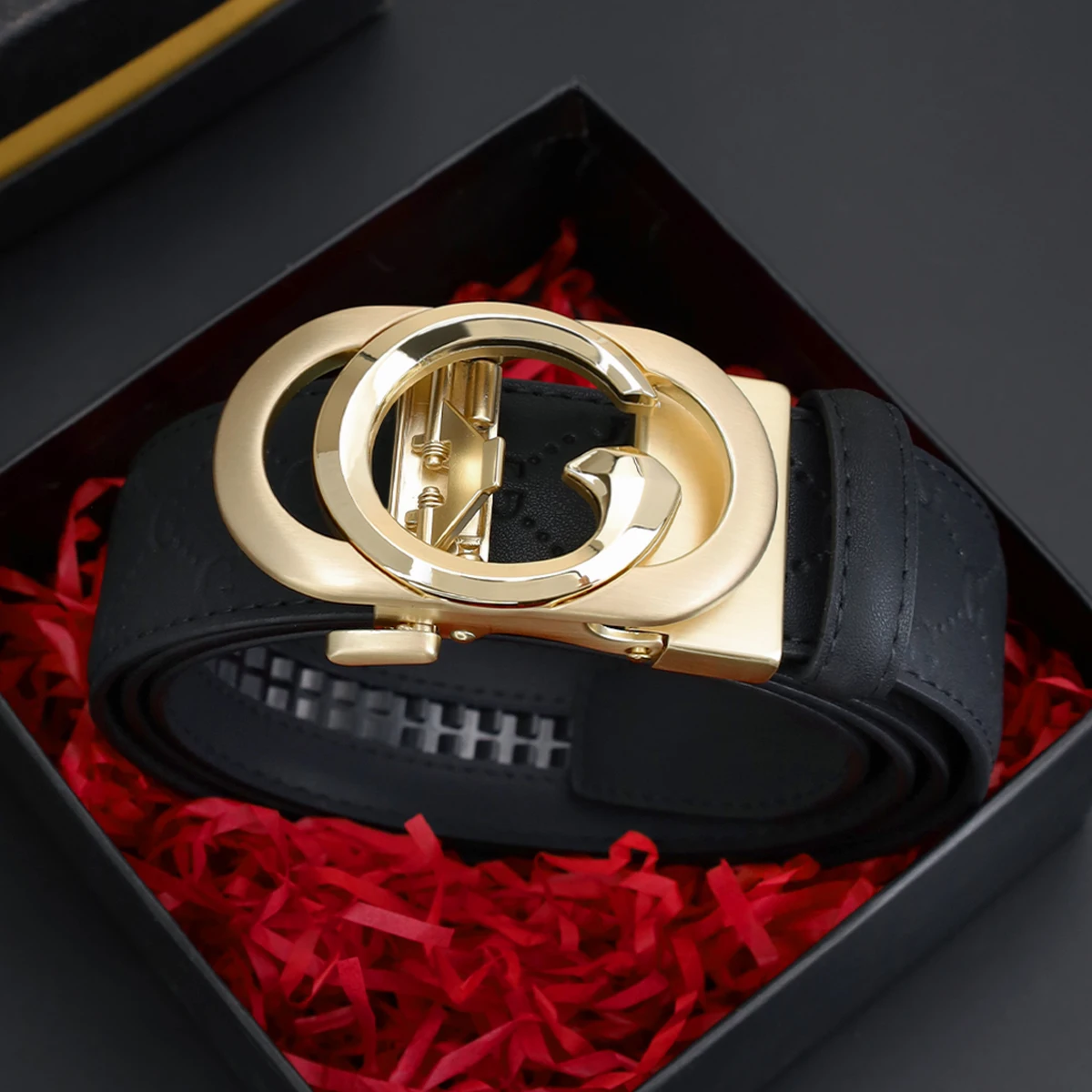 

Мужской гладкий ремень с автоматической пряжкой — натуральный искусственный текстурированный квадратный узор, черный, простой и стильный дизайн для повседневной одежды