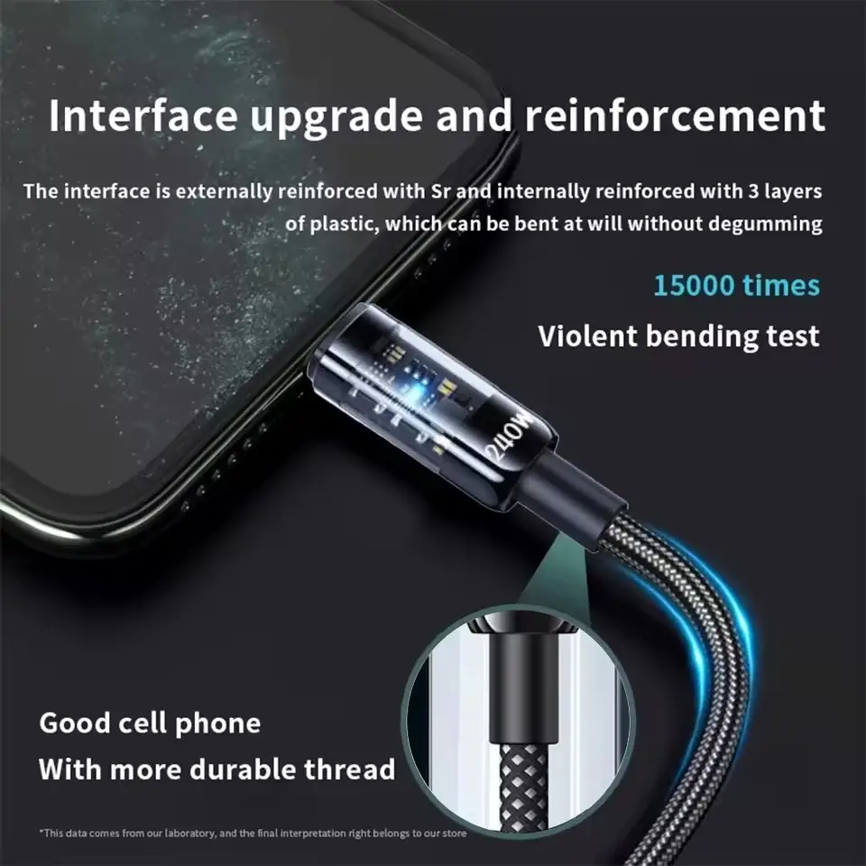 كابلات بيانات USB نوع سي شحن سريع 240 واط سلك نقل بيانات عالي السرعة بشاشة رقمية نايلون من نوع سي إلى سي لهواتف آيفون وسامسونج - 2